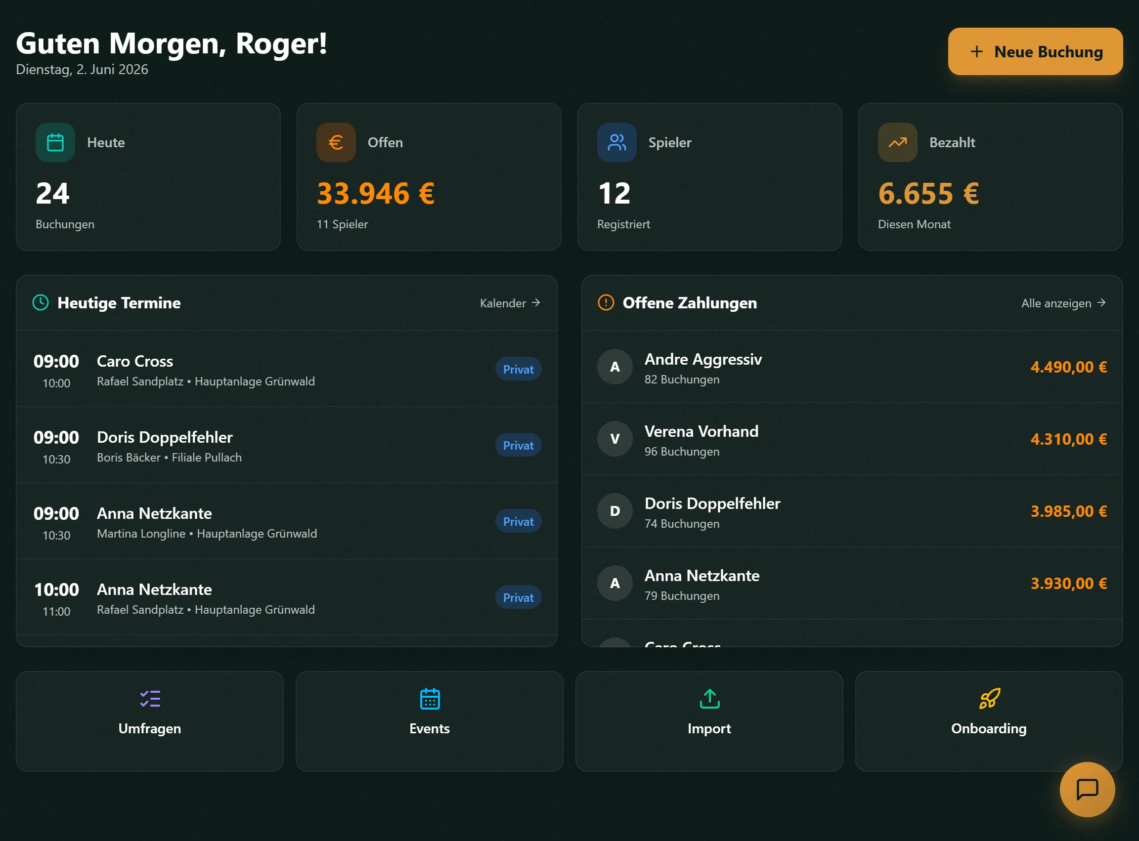 THENN·OS Dashboard mit Tagesübersicht und offenen Forderungen
