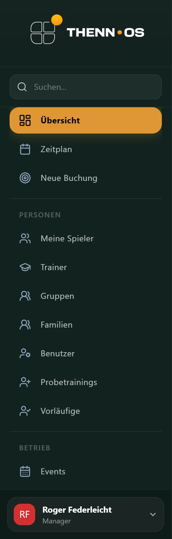 THENN·OS Navigations-Sidebar mit Eltern-, Trainer- und Manager-Bereichen unter eigenem Branding