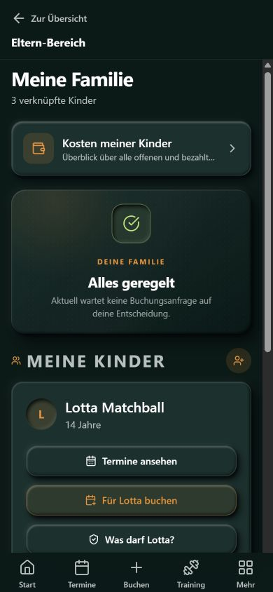 Mobiler THENN·OS Eltern-Bereich Meine Familie mit verknüpften Kindern, Kostenübersicht und Buchungsaktionen
