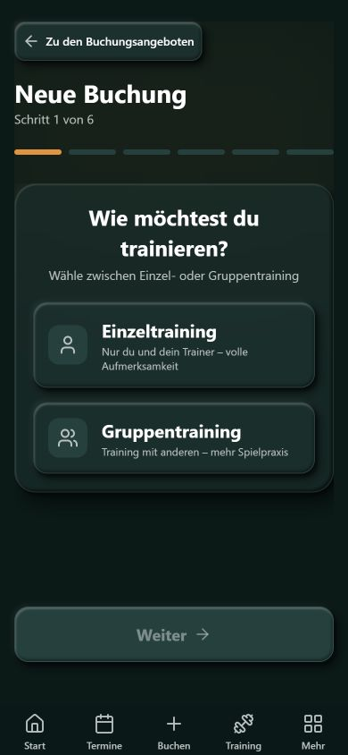 THENN·OS mobile Buchungsansicht, Schritt 1 von 6, mit der Auswahl zwischen Einzeltraining und Gruppentraining